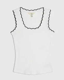 White Cotton Blend Scallop Trim Tank Top