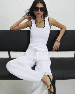 White Cotton Blend Scallop Trim Tank Top