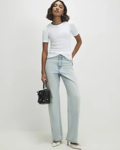 White Cotton Blend Scallop Trim T-Shirt