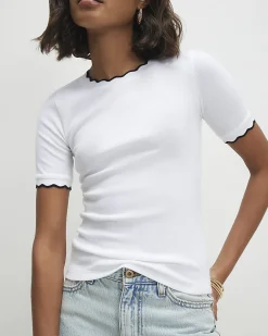 White Cotton Blend Scallop Trim T-Shirt