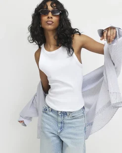 White Cotton Blend Sleeveless Ribbed Tank Top