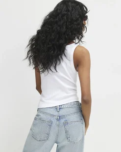 White Cotton Blend Sleeveless Ribbed Tank Top