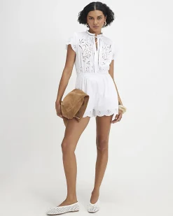 White Cotton Broderie Cutwork Playsuit