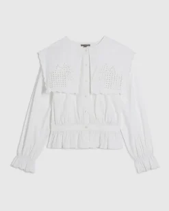 White Cotton Broderie Detail Cropped Shirt