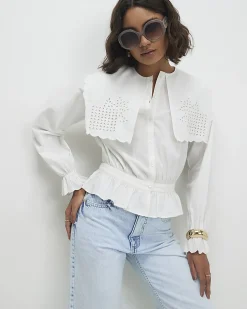 White Cotton Broderie Detail Cropped Shirt