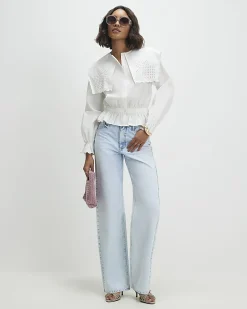 White Cotton Broderie Detail Cropped Shirt