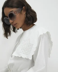 White Cotton Broderie Detail Cropped Shirt