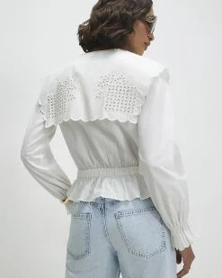 White Cotton Broderie Detail Cropped Shirt