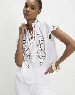 White Cotton Broderie Tie Neck Blouse