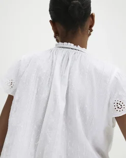 White Cotton Broderie Tie Neck Blouse
