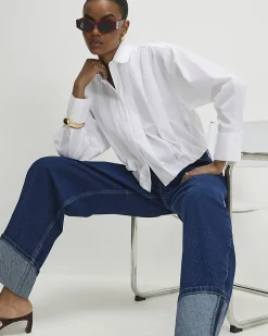 White Cotton Bubble Hem Poplin Shirt
