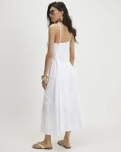 White Cotton Crochet Motif Midi Dress