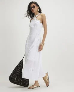 White Cotton Crochet Motif Midi Dress