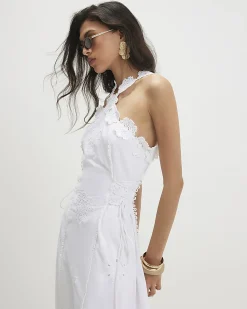 White Cotton Crochet Motif Midi Dress