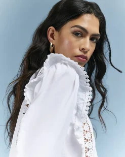 White Cotton Daisy Embroidered Frill Blouse