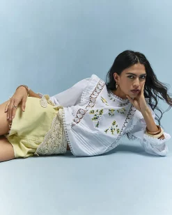 White Cotton Daisy Embroidered Frill Blouse