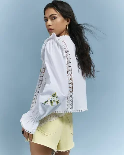 White Cotton Daisy Embroidered Frill Blouse