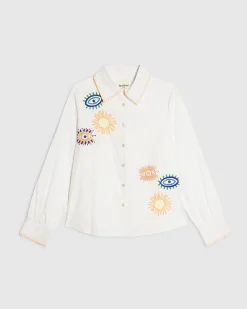 White Cotton Embroidered Graphic Shirt