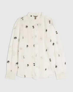 White Cotton Floral Embroidered Shirt