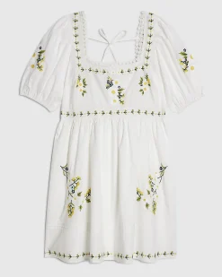 White Cotton Floral Embroidered Mini Dress