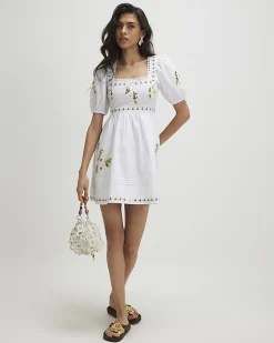 White Cotton Floral Embroidered Mini Dress