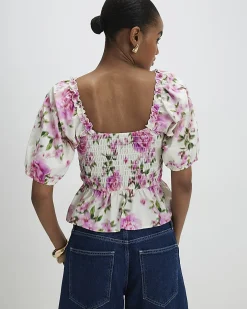 White Cotton Floral Puff Sleeve Shirred Top