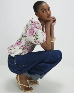 White Cotton Floral Puff Sleeve Shirred Top