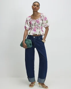 White Cotton Floral Puff Sleeve Shirred Top