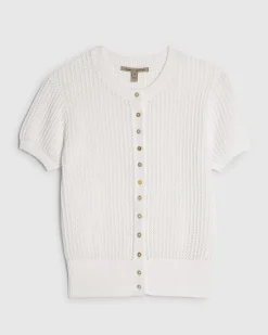 White Cotton Knitted Button Through T-Shirt