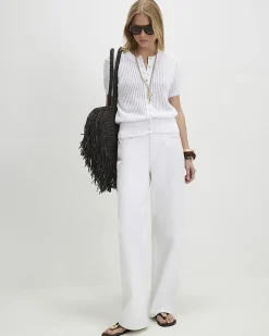 White Cotton Knitted Button Through T-Shirt
