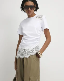 White Cotton Lace Asymmetric Ruched Top