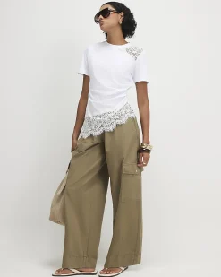 White Cotton Lace Asymmetric Ruched Top