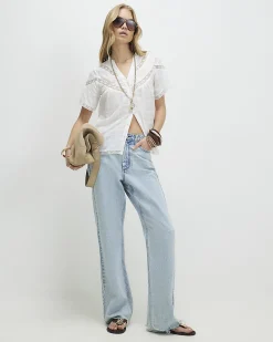 White Cotton Lace Detail Short Sleeve Blouse