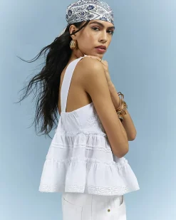 White Cotton Lace Pearl Detail Smock Cami Top