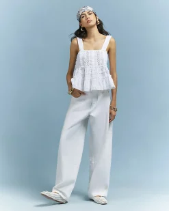 White Cotton Lace Pearl Detail Smock Cami Top