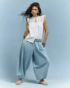 White Cotton Lace Yoke Blouse