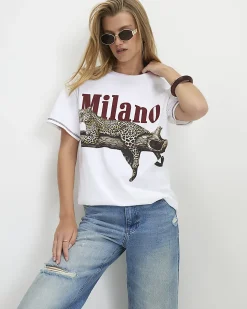 White Cotton Leopard Boyfriend Fit T-Shirt