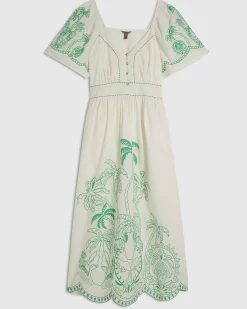 White Cotton Palm Embroidered Maxi Dress