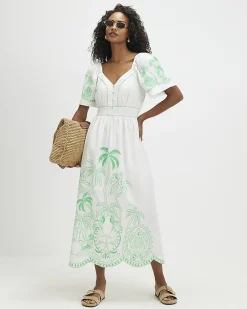 White Cotton Palm Embroidered Maxi Dress