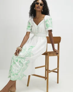 White Cotton Palm Embroidered Maxi Dress