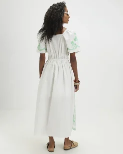 White Cotton Palm Embroidered Maxi Dress