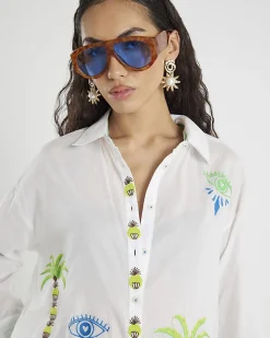 White Cotton Palm Tree Embroidered Shirt