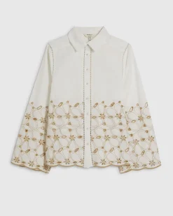 White Cotton Poplin Broderie Hem Shirt