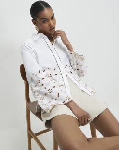 White Cotton Poplin Broderie Hem Shirt