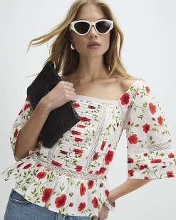 White Cotton Poppy Print Square Neck Blouse