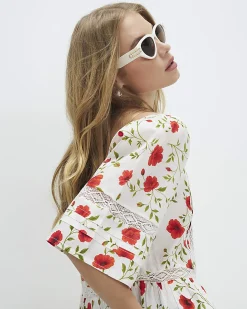 White Cotton Poppy Print Square Neck Blouse