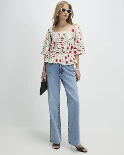White Cotton Poppy Print Square Neck Blouse