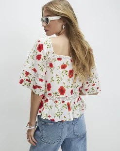 White Cotton Poppy Print Square Neck Blouse