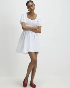 White Cotton Puff Sleeve Shirred Mini Dress