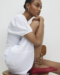 White Cotton Puff Sleeve Shirred Mini Dress